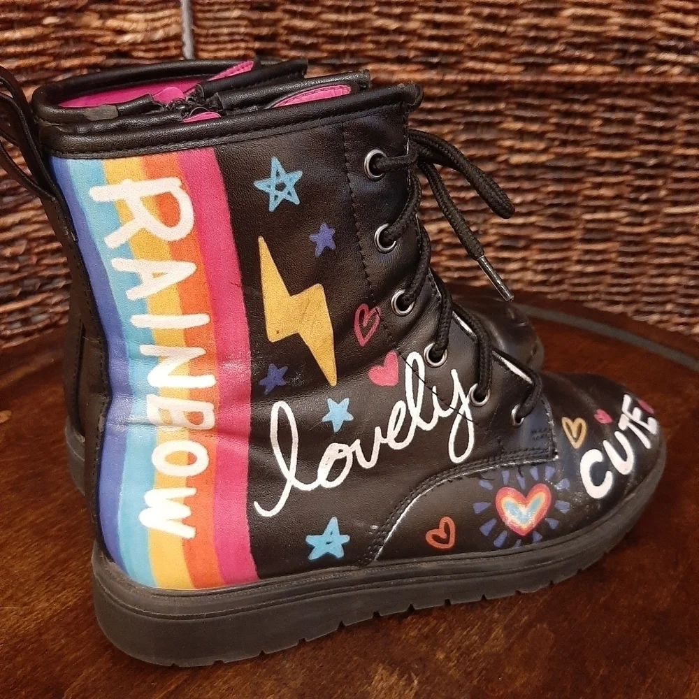 Skechers Boots Girls 3 Black Gravlen Combat Rainbow Kids Grunge Hipster Pride